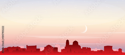 Red panoramic poster of the city skyline with misty background buildings, sunrise, moon and clouds of SOFIA, BULGARIA