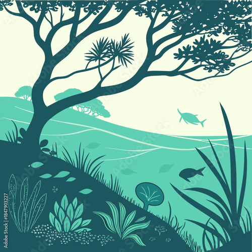 Teal landscape with tree fish and plants