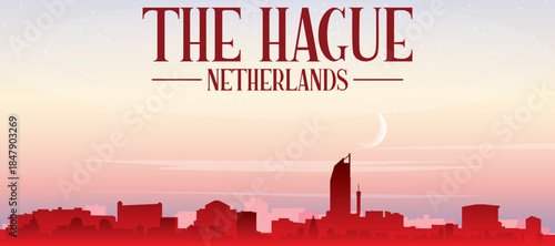 Red panoramic poster of the city skyline with misty background buildings, sunrise, moon and clouds of  THE HAGUE, NETHERLANDS