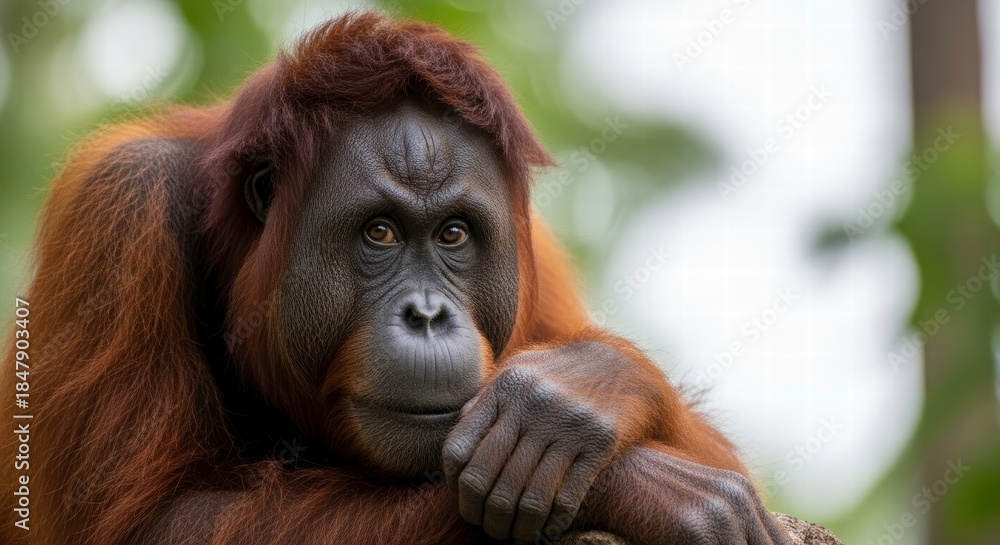 Fototapeta premium Orangutan's Gazing Wisdom: Captivating the spirit and intelligence of an orangutan, its thoughtful gaze evokes a sense of introspection and connection to nature. 