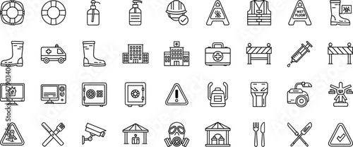 Comprehensive Occupational Health and Industrial Safety Line Icon Set Featuring Personal Protective Equipment, Workplace Hazard Signs, Security 
