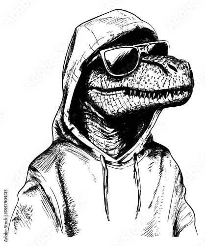 Modern dinosaur character with hoodie and sunglasses hand drawn outline illustration