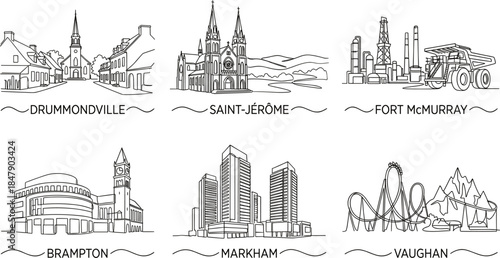 Six Canadian city skylines continuous line art vector illustration