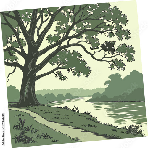 Large tree beside a river with green foliage and grassy bank