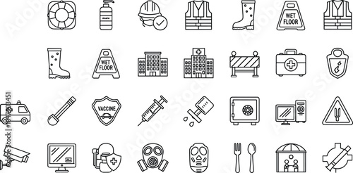 Comprehensive Occupational Safety and Workplace Protection Line Icon Set Featuring Personal Protective Equipment, Industrial Hazards, Medical Readiness, Security Surveillance, and Health Protocols
