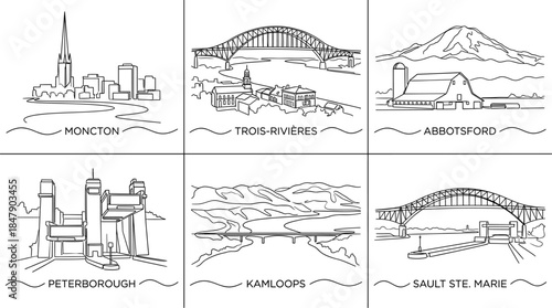 Canadian city skylines and landscapes line art vector collection