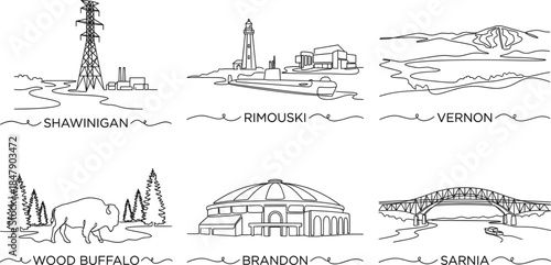 Canadian landmarks and city skylines continuous line art vector collection