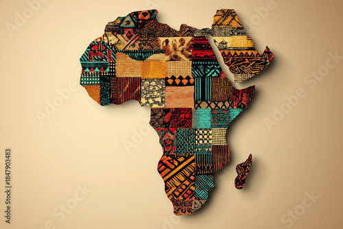 Stylized map of Africa filled with cultural patterns for Black History Month  