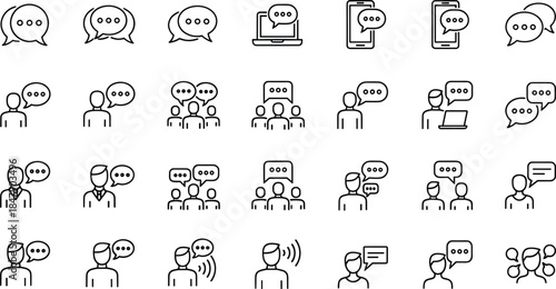 Minimalist black and white icons of communication, dialogue, and messaging for digital interaction, user interface, and media design.