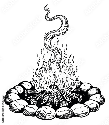 Hand drawn campfire illustration with firewood and stones