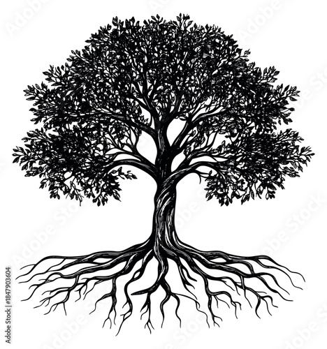 Detailed tree illustration with roots hand drawn outline illustration