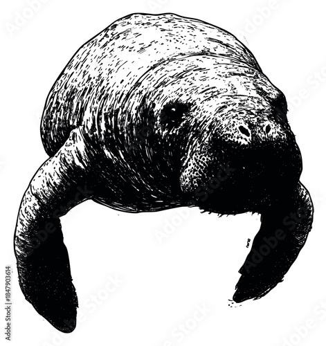 Manatee illustration black and white line art