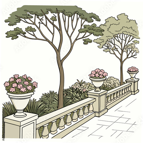 Beige garden fence with pink flowers and trees