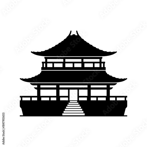 Black icon Chinese temple with pagoda roof without background.