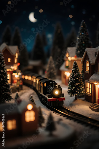 Magical Miniature Christmas Village at Night with a Steam Train on Snowy Tracks, Festive Holiday Lights

