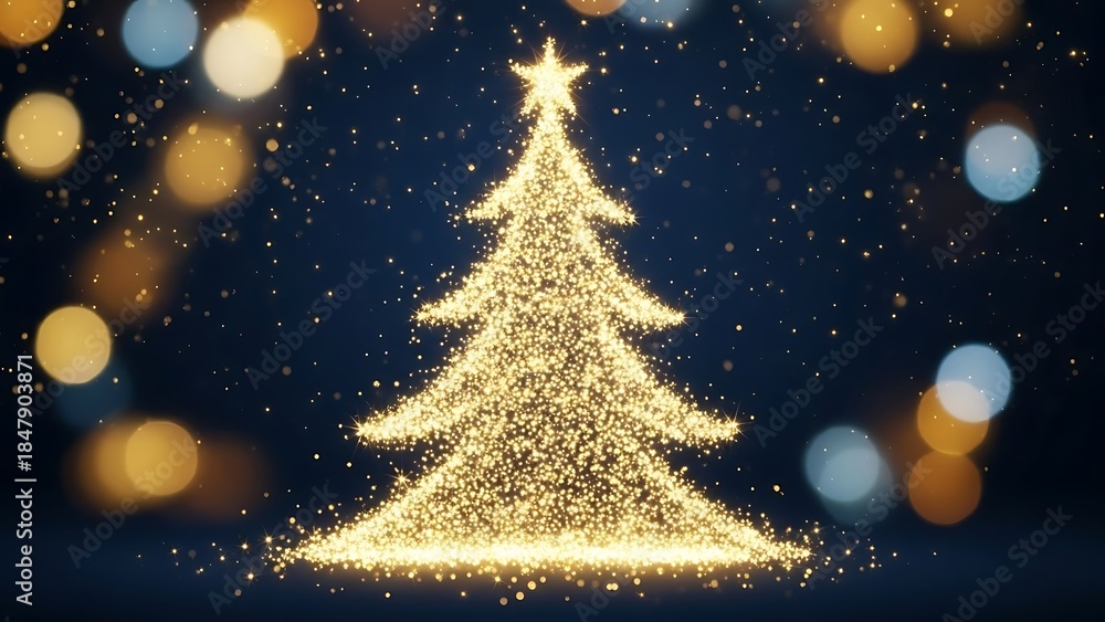 Fototapeta premium Sparkling golden Christmas tree with star on top against dark background with bokeh lights