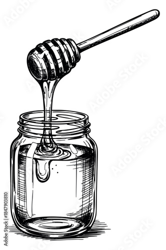 Jar of honey with honey dipper hand drawn outline illustration