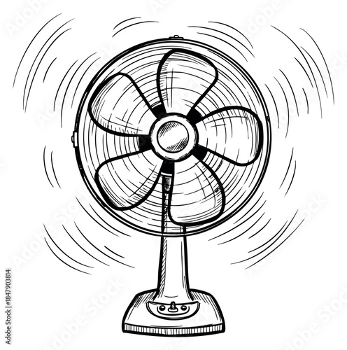 Vintage electric fan sketch with spinning blades hand drawn outline illustration