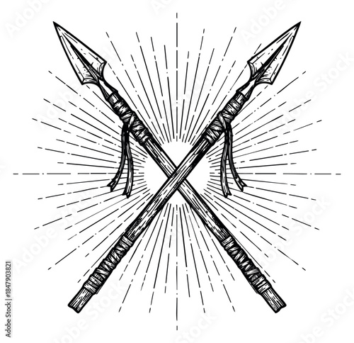 Vintage spear set with crossed spears and sunburst line art