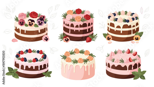 Collection of beautifully decorated layered cakes with floral and fruit toppings, perfect for celebrations and sweet treats.