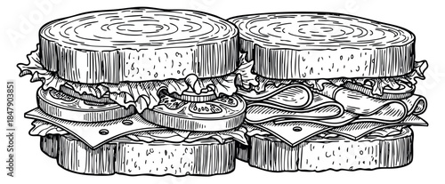 Hand drawn sandwich set with lettuce tomato cheese and deli meat outline illustration