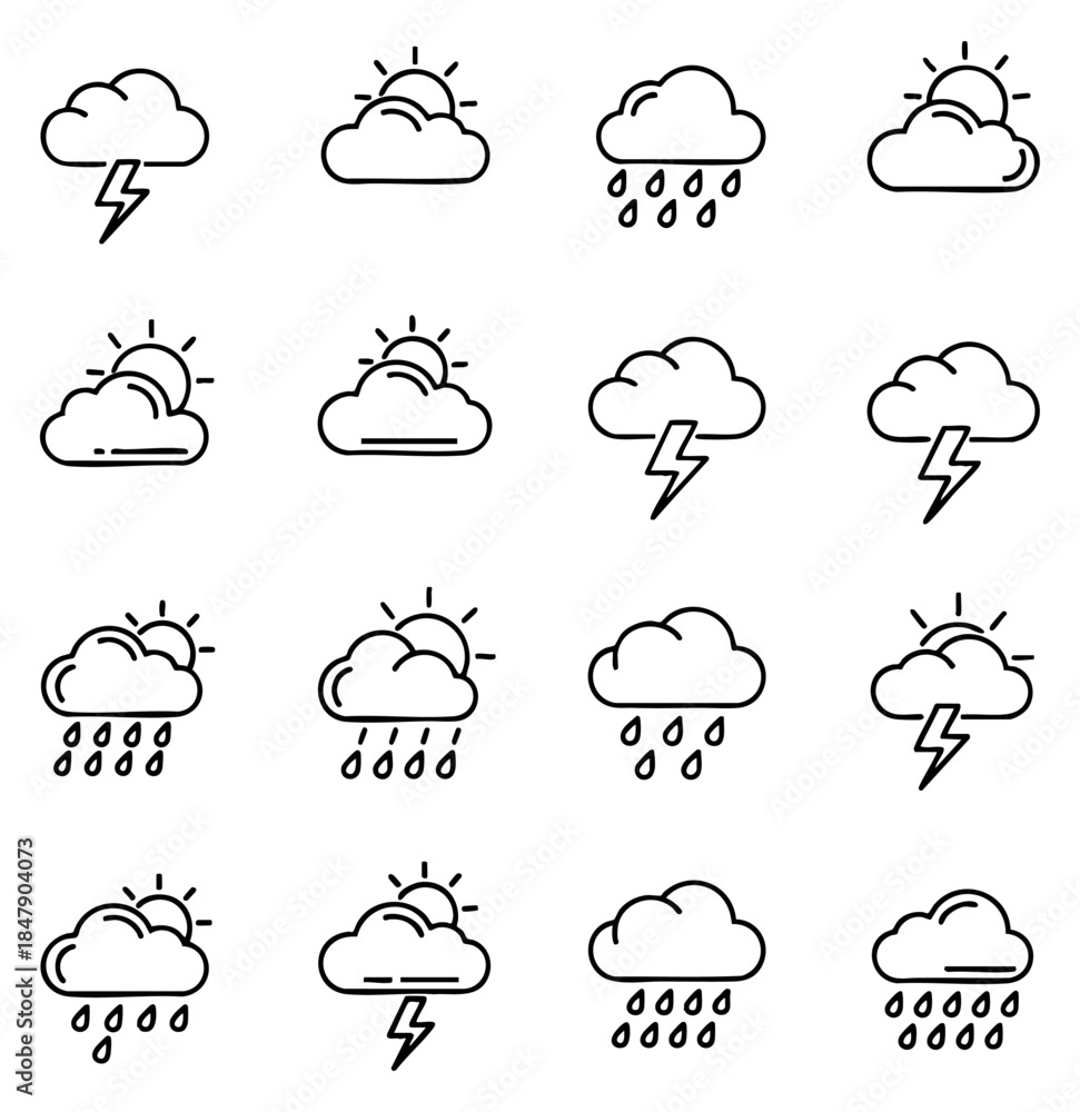 Fototapeta premium Simple weather icon set with sun, clouds, rain and lightning black and white line art