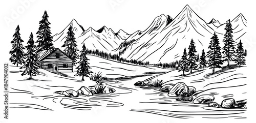 Hand drawn mountain landscape with river, rocks and pine trees