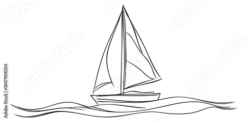 Sailboat icon set with sails and waves black and white line art