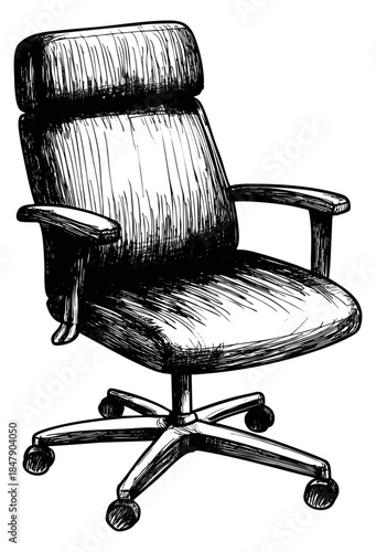Office chair with armrests and wheels hand drawn sketch