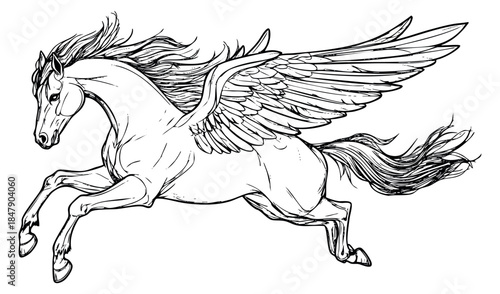 Pegasus horse with wings hand drawn sketch