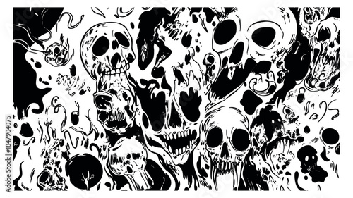 Horror skull pattern set with dripping and melting details black and white line art