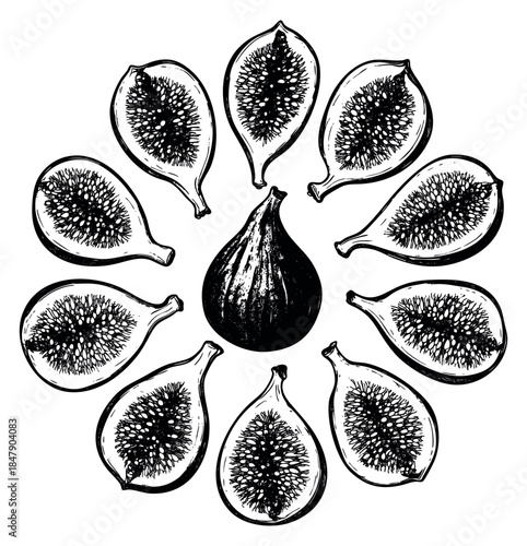Vintage fig fruit set with whole and sliced figs black and white line art