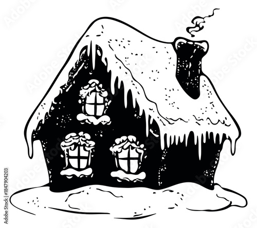 Vintage house icon with snow, icicles and chimney smoke hand drawn outline illustration