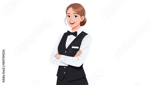 Smiling young waitress in formal attire stands with arms crossed, ready to provide excellent service in a restaurant setting.