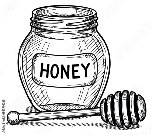 Vintage honey jar and dipper set hand drawn sketch