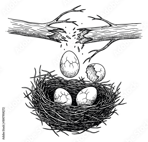 Bird nest set with cracked eggs and broken tree branch hand drawn outline illustration