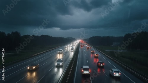 Aerial  view of Rainy Highway. Moving car headlights creating soft light trails
