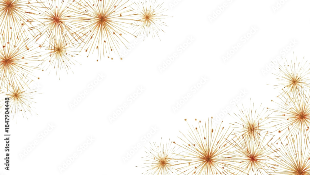 Obraz premium Gold Fireworks Corner Frame on White Background, Elegant Festive Celebration Border with Copy Space
