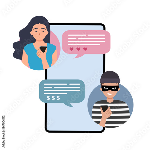 Romance scam, online dating phishing scam. Scammer with phishing hooks on women heart, fraud chatting on victim woman. Cyber crime, vector.
