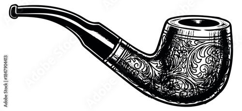 Vintage tobacco pipe with floral engraving black and white line art