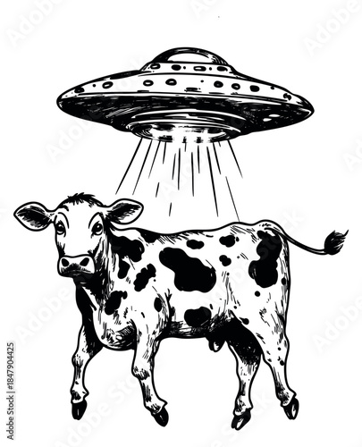 Vintage cow abduction icon set with ufo and alien beam hand drawn sketch