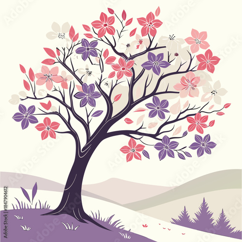 Colorful tree with pink purple and white flowers on a hill