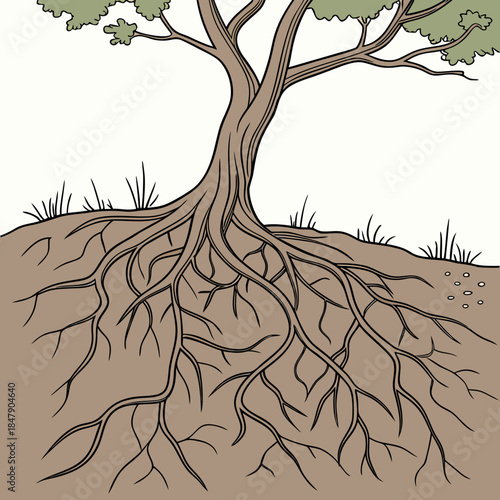 Tree roots growing in soil with grass and leaves