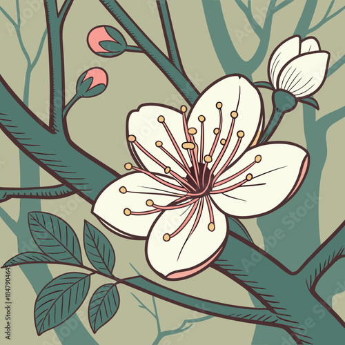 White flower on tree branch with green leaves and buds