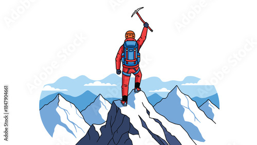 A triumphant mountaineer stands atop a snow capped peak, raising an ice axe in a victorious gesture against a stunning mountain backdrop.