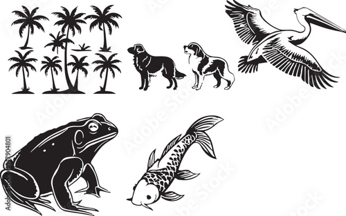 Black and white illustrations of tropical animals and plants