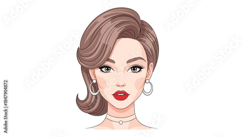 Elegant woman with retro hairstyle and hoop earrings gazes forward with a sophisticated and classic beauty.