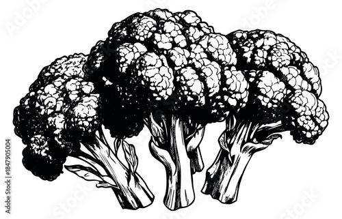 Broccoli vegetable set black and white line art