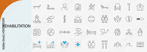 rehabilitation and wellness icons, minimal line vector symbol set