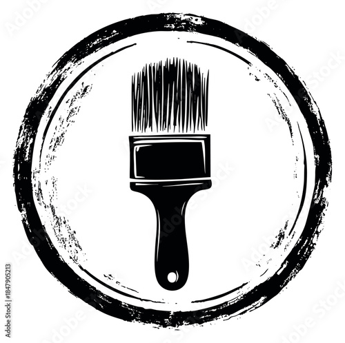 Paint brush icon with grunge circle border black and white line art